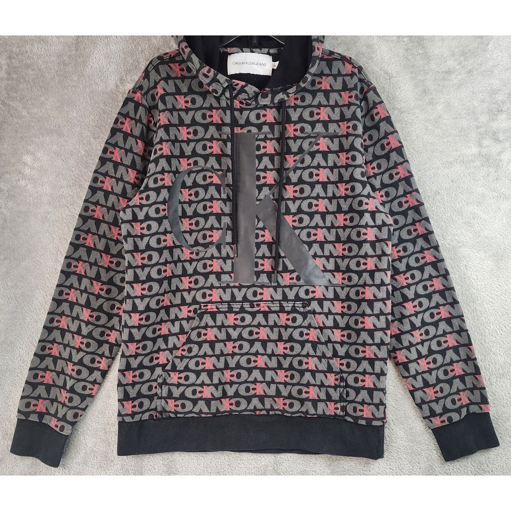 Calvin Klein Jeans Hoodie Mens Medium Black Red All Over Logo‎ Print Sweatshirt